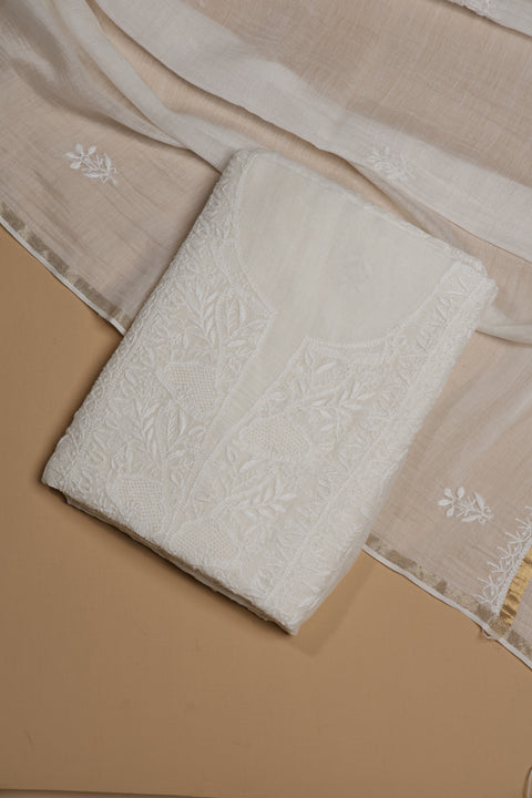 Hand- embroidered Mul Chanderi Chikankari Kurta and Dupatta (Set of 2)- Unstitched