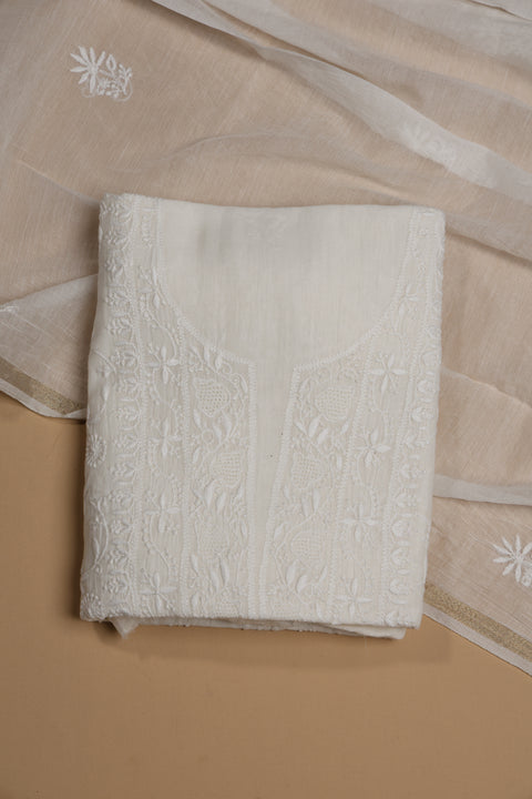 Hand- embroidered Mul Chanderi Chikankari Kurta and Dupatta (Set of 2)- Unstitched