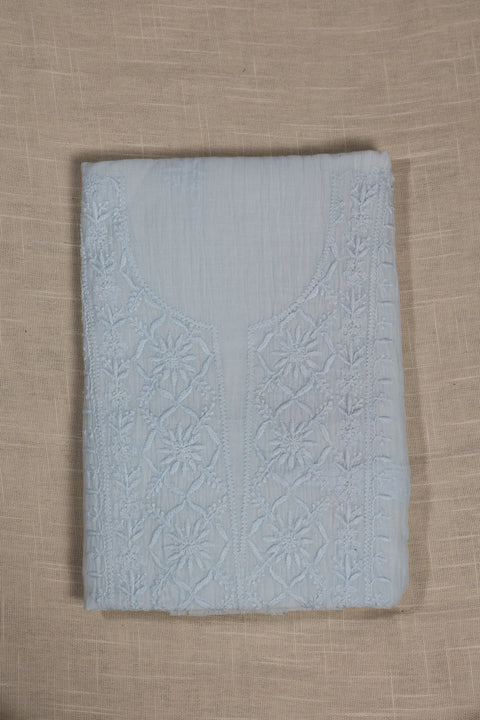 Hand-embroidered Powder Blue Chikankari Kurta with Lattice Thread Neckline, Block Printed Pants & Dupatta (Set of 3)- Unstitched