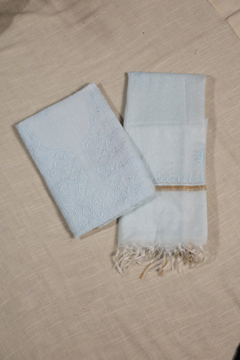 Hand-embroidered Powder Blue Chikankari Kurta with Lattice Thread Neckline, Block Printed Pants & Dupatta (Set of 3)- Unstitched