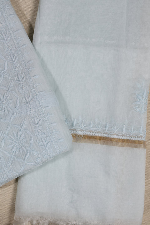 Hand-embroidered Powder Blue Chikankari Kurta with Lattice Thread Neckline, Block Printed Pants & Dupatta (Set of 3)- Unstitched