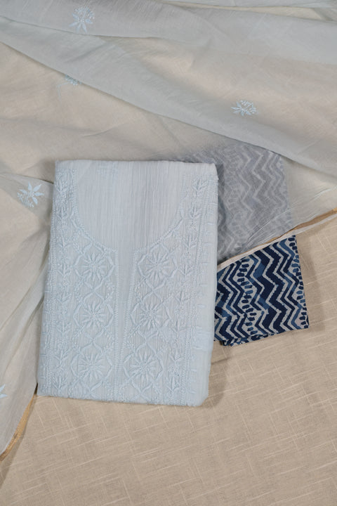 Hand-embroidered Powder Blue Chikankari Kurta with Lattice Thread Neckline, Block Printed Pants & Dupatta (Set of 3)- Unstitched