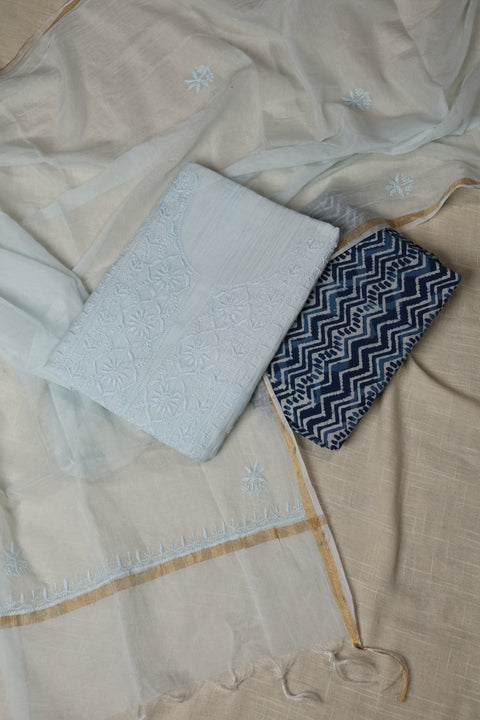 Hand-embroidered Powder Blue Chikankari Kurta with Lattice Thread Neckline, Block Printed Pants & Dupatta (Set of 3)- Unstitched