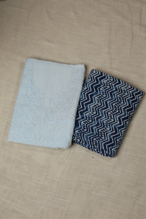 Hand-embroidered Powder Blue Chikankari Kurta with Lattice Thread Neckline, Block Printed Pants & Dupatta (Set of 3)- Unstitched