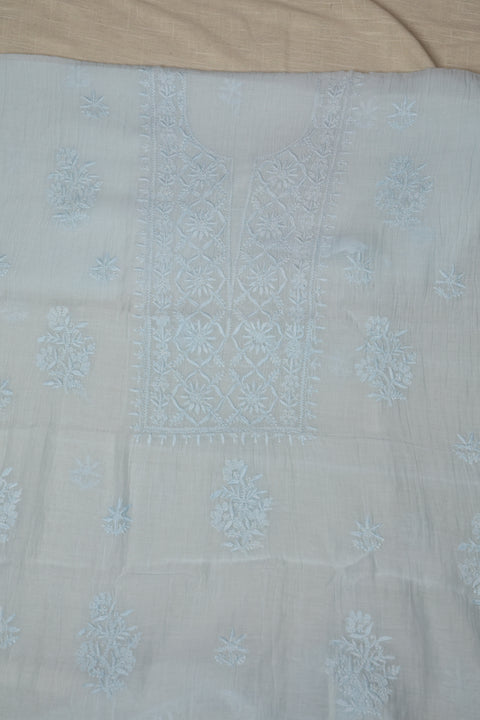 Hand-embroidered Powder Blue Chikankari Kurta with Lattice Thread Neckline, Block Printed Pants & Dupatta (Set of 3)- Unstitched