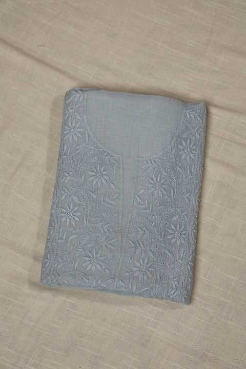 Hand-Embroidered Soft Grey Chikankari Kurta Fabric with Floral Vine Neckline and Zari-Bordered Dupatta (Set of 2)- Unstitched