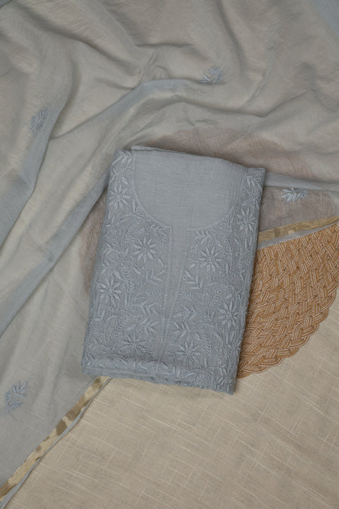 Hand-Embroidered Soft Grey Chikankari Kurta Fabric with Floral Vine Neckline and Zari-Bordered Dupatta (Set of 2)- Unstitched