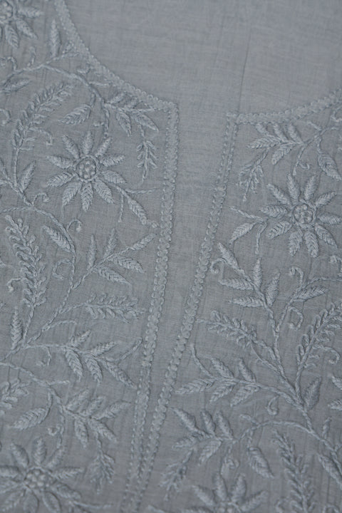 Hand-Embroidered Soft Grey Chikankari Kurta Fabric with Floral Vine Neckline and Zari-Bordered Dupatta (Set of 2)- Unstitched