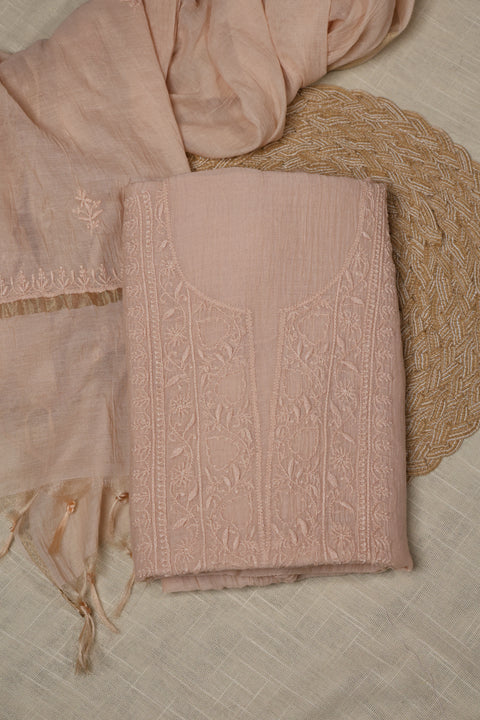 Hand-embroidered Beige Chikankari Kurta with Zari Border Dupatta (Set of 2)- Unstitched
