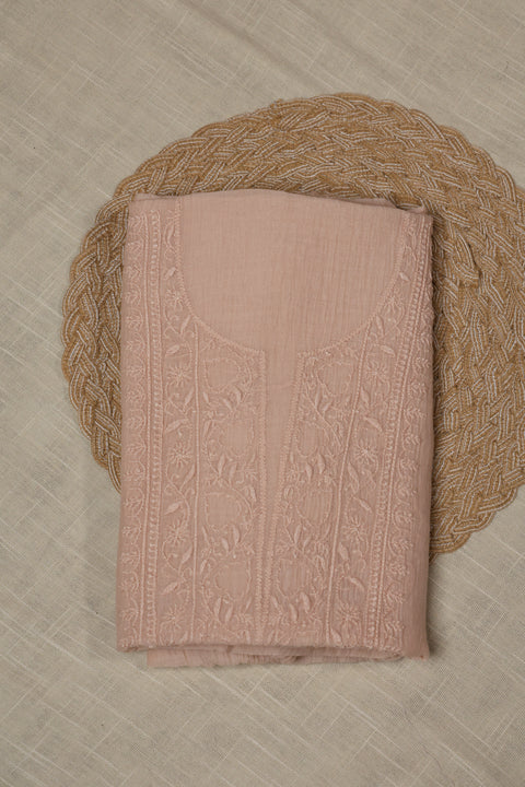 Hand-embroidered Beige Chikankari Kurta with Zari Border Dupatta (Set of 2)- Unstitched