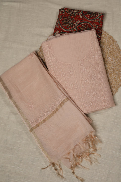 Hand-embroidered Beige Chikankari Kurta with Zari Border Dupatta (Set of 2)- Unstitched