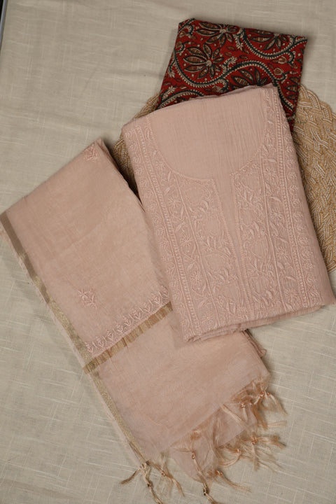 Hand-embroidered Beige Chikankari Kurta with Zari Border Dupatta (Set of 2)- Unstitched