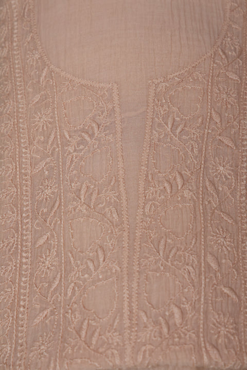 Hand-embroidered Beige Chikankari Kurta with Zari Border Dupatta (Set of 2)- Unstitched