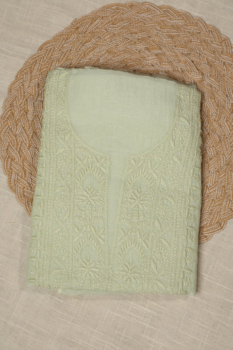 Hand- embroidered Fern Green Chikankari Kurta with Floral Neckline, Handblock Print Pants with Dupatta (Set of 3)- Unstitched