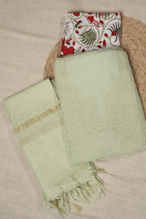 Hand- embroidered Fern Green Chikankari Kurta with Floral Neckline, Handblock Print Pants with Dupatta (Set of 3)- Unstitched