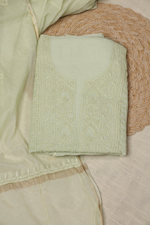 Hand- embroidered Fern Green Chikankari Kurta with Floral Neckline, Handblock Print Pants with Dupatta (Set of 3)- Unstitched