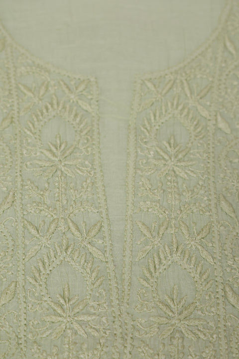 Hand- embroidered Fern Green Chikankari Kurta with Floral Neckline, Handblock Print Pants with Dupatta (Set of 3)- Unstitched