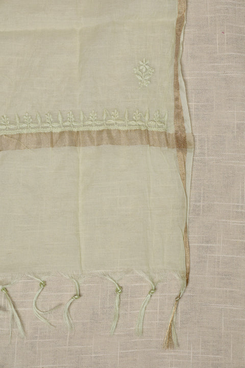Hand- embroidered Fern Green Chikankari Kurta with Floral Neckline, Handblock Print Pants with Dupatta (Set of 3)- Unstitched
