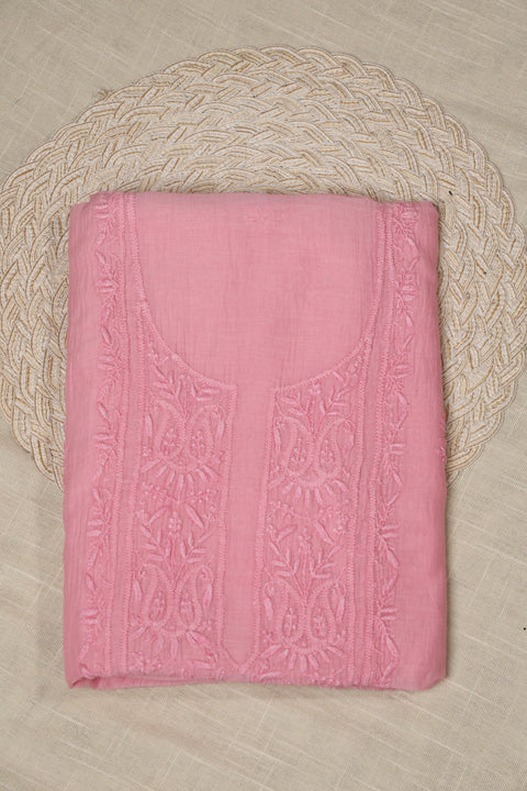 Hand-Embroidered Candy Pink Chikankari Kurta with Floral Vine Neckline, Handblock Printed Pants, with Dupatta (Set of 3)- Unstitched