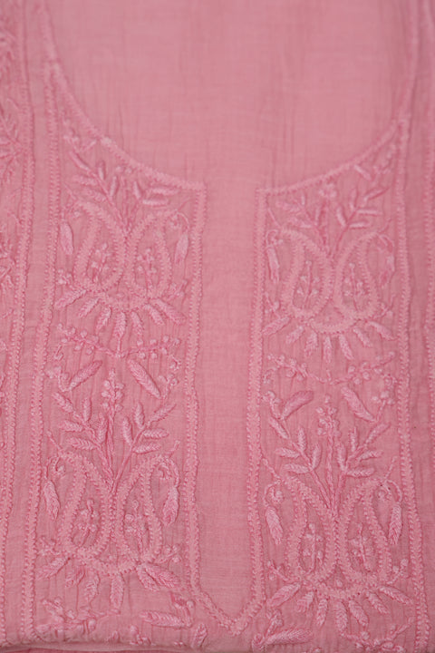 Hand-Embroidered Candy Pink Chikankari Kurta with Floral Vine Neckline, Handblock Printed Pants, with Dupatta (Set of 3)- Unstitched