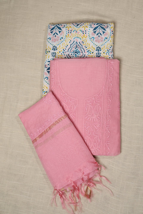 Hand-Embroidered Candy Pink Chikankari Kurta with Floral Vine Neckline, Handblock Printed Pants, with Dupatta (Set of 3)- Unstitched