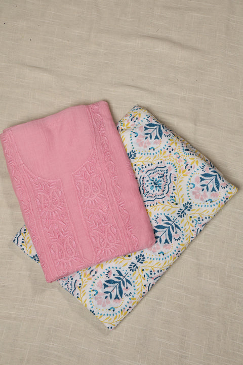Hand-Embroidered Candy Pink Chikankari Kurta with Floral Vine Neckline, Handblock Printed Pants, with Dupatta (Set of 3)- Unstitched