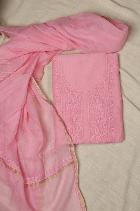 Hand-Embroidered Candy Pink Chikankari Kurta with Floral Vine Neckline, Handblock Printed Pants, with Dupatta (Set of 3)- Unstitched