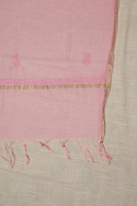 Hand-Embroidered Candy Pink Chikankari Kurta with Floral Vine Neckline, Handblock Printed Pants, with Dupatta (Set of 3)- Unstitched
