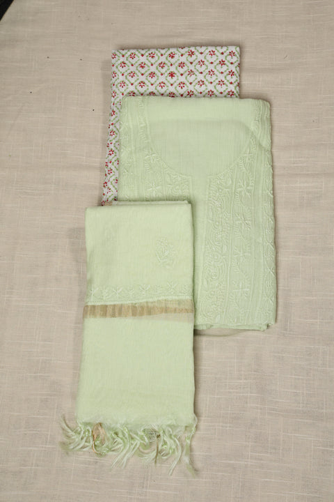 Hand- embroidered Mint Green Chikankari Kurta with Floral Neckline, Handblock Printed Pants, and Dupatta (Set of 2)- Unstitched