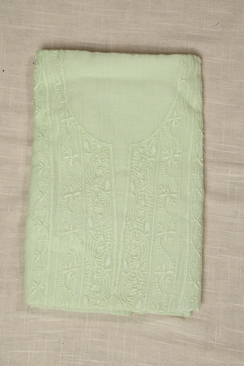 Hand- embroidered Mint Green Chikankari Kurta with Floral Neckline, Handblock Printed Pants, and Dupatta (Set of 2)- Unstitched