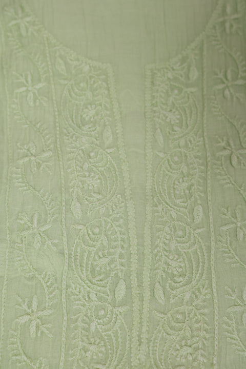 Hand- embroidered Mint Green Chikankari Kurta with Floral Neckline, Handblock Printed Pants, and Dupatta (Set of 2)- Unstitched