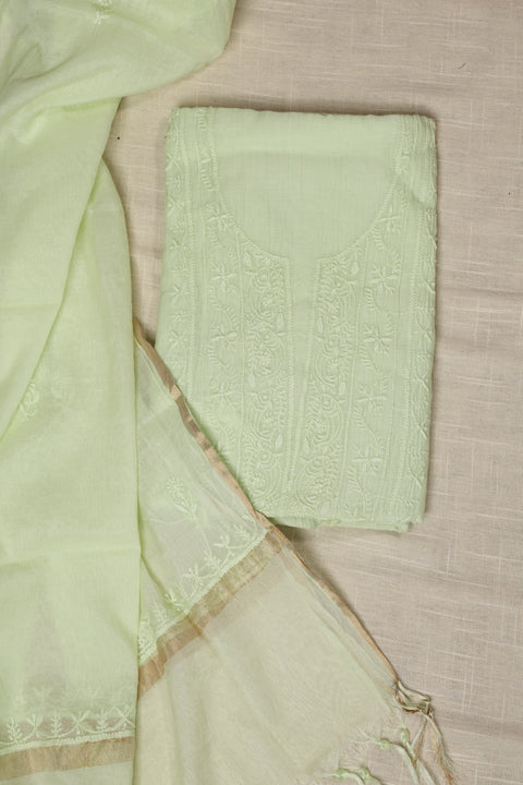 Hand- embroidered Mint Green Chikankari Kurta with Floral Neckline, Handblock Printed Pants, and Dupatta (Set of 2)- Unstitched