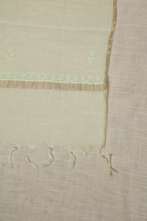 Hand- embroidered Mint Green Chikankari Kurta with Floral Neckline, Handblock Printed Pants, and Dupatta (Set of 2)- Unstitched