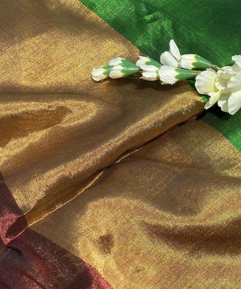 Handwoven Zari Fabric in Green, Gold & Coffee (Handloom)