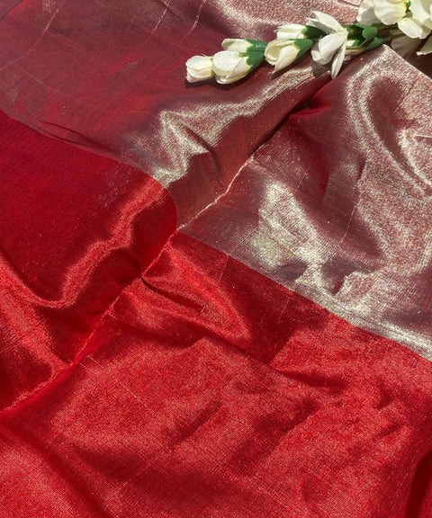 Handwoven Zari Fabric in Red & Silver (Handloom)