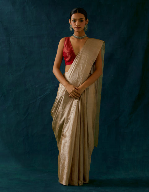 Authentic  Coord Set- Handcrafted Beige Gold Zari Silk Saree With Red Chanderi Blouse (Set Of 2) - By Vinusto