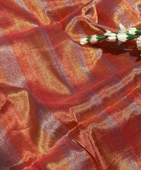 Handwoven Zari Fabric in Orange, Gold & Silver Stripe (Handloom)