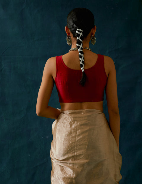 Buy Choli Cut Blouse in Red & Gold Chanderi Handloom | Vinusto