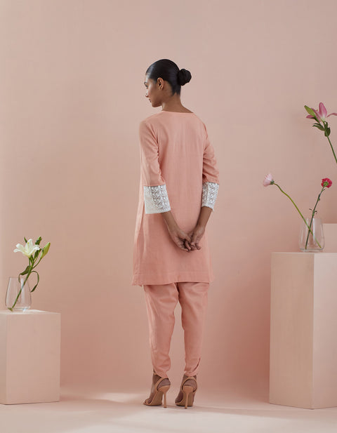 100% authentic Solid Cotton Glaze Kurta with Dhoti Salwar in Peach (Set of 2) - By Vinusto 
