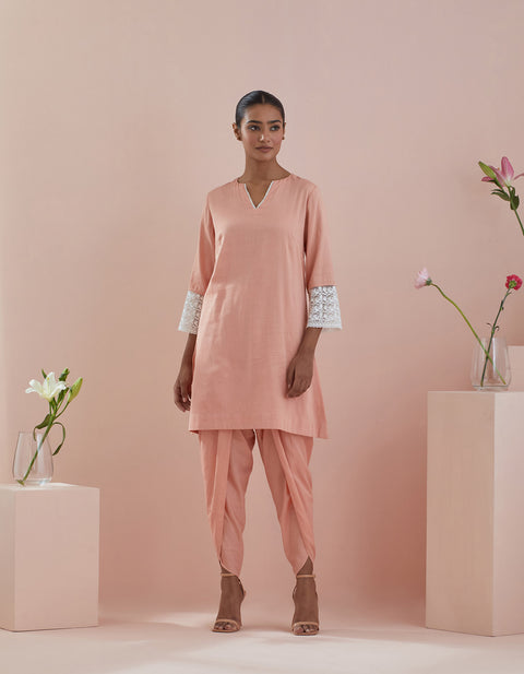 Shop Solid Cotton Glaze Kurta with Dhoti Salwar in Peach (Set of 2) - By Vinusto 
