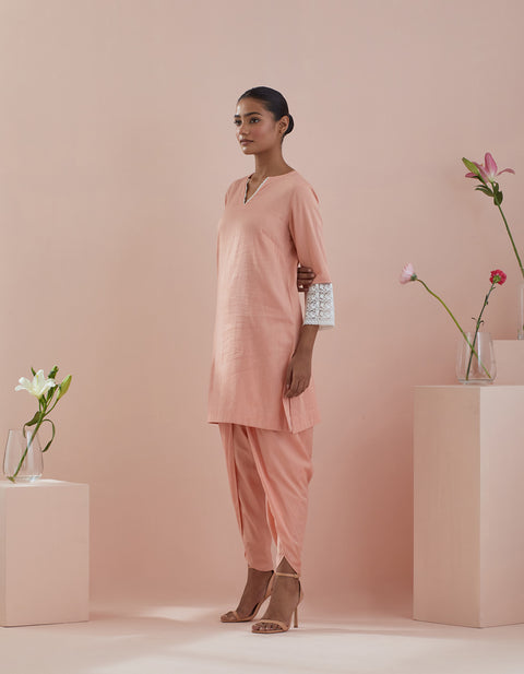 Luxury Solid Cotton Glaze Kurta with Dhoti Salwar in Peach (Set of 2) - By Vinusto 
