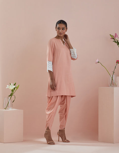 Buy Solid Cotton Glaze Kurta with Dhoti Salwar in Peach (Set of 2) - By Vinusto 

