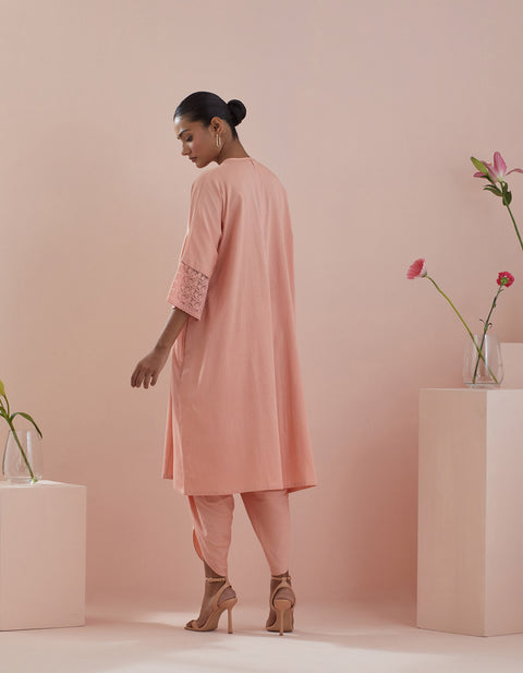 Handcrafted Kaftan Style Kurta with Dhoti Salwar in Peach (Set of 2) - Vinusto
