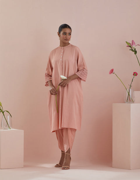 Shop Kaftan Style Kurta with Dhoti Salwar in Peach (Set of 2) - Vinusto
