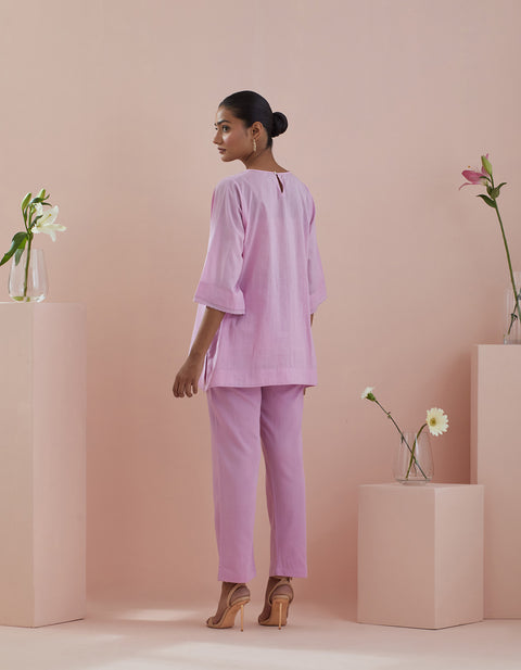 Handcraft Pink Short Kurti with Pants in Cotton – Co-ordinate Set of 2 | Vinusto


