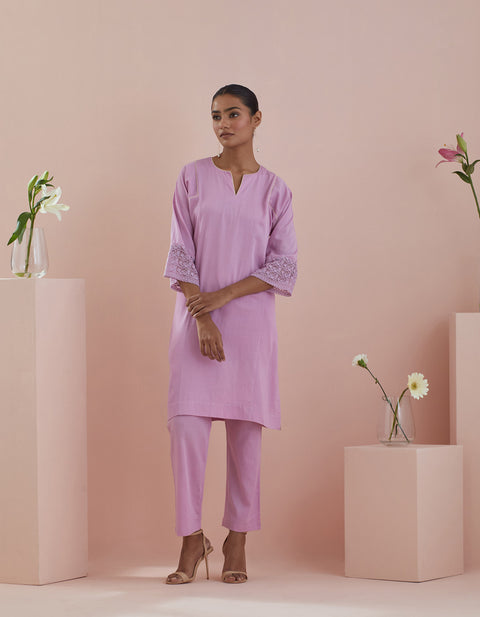Shop Co-ordinate Set- Pink Cotton Kalidar Kurta with Pants (Set of 2) - By Vinusto
