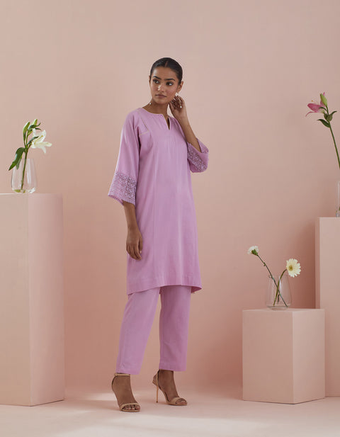 Handcrafted Co-ordinate Set- Pink Cotton Kalidar Kurta with Pants (Set of 2) - By Vinusto