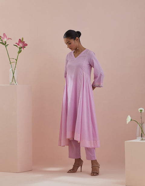 Buy Pink Cotton Anarkali with Pants & Pink Chanderi Silk Dupatta (Set of 3) - By Vinusto 
