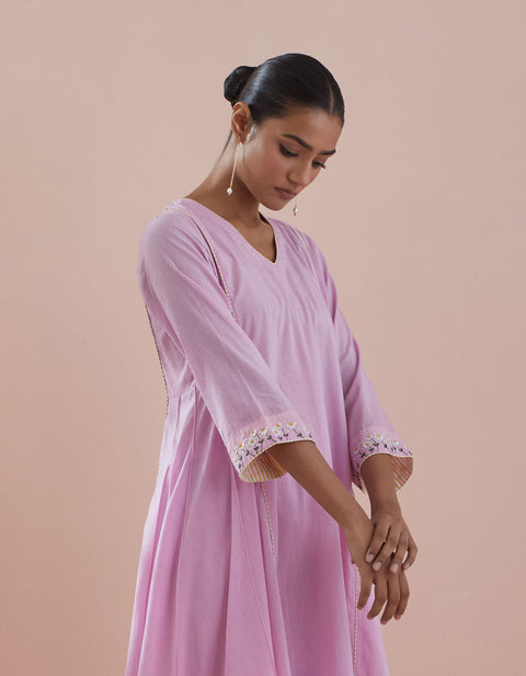 Buy Embroidered Anarkali with Pants in Pink Cotton(Set of 2) - By Vinusto

