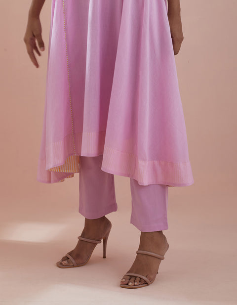 Designer Pink Cotton Anarkali with Pants & Pink Chanderi Silk Dupatta (Set of 3) - By Vinusto 
